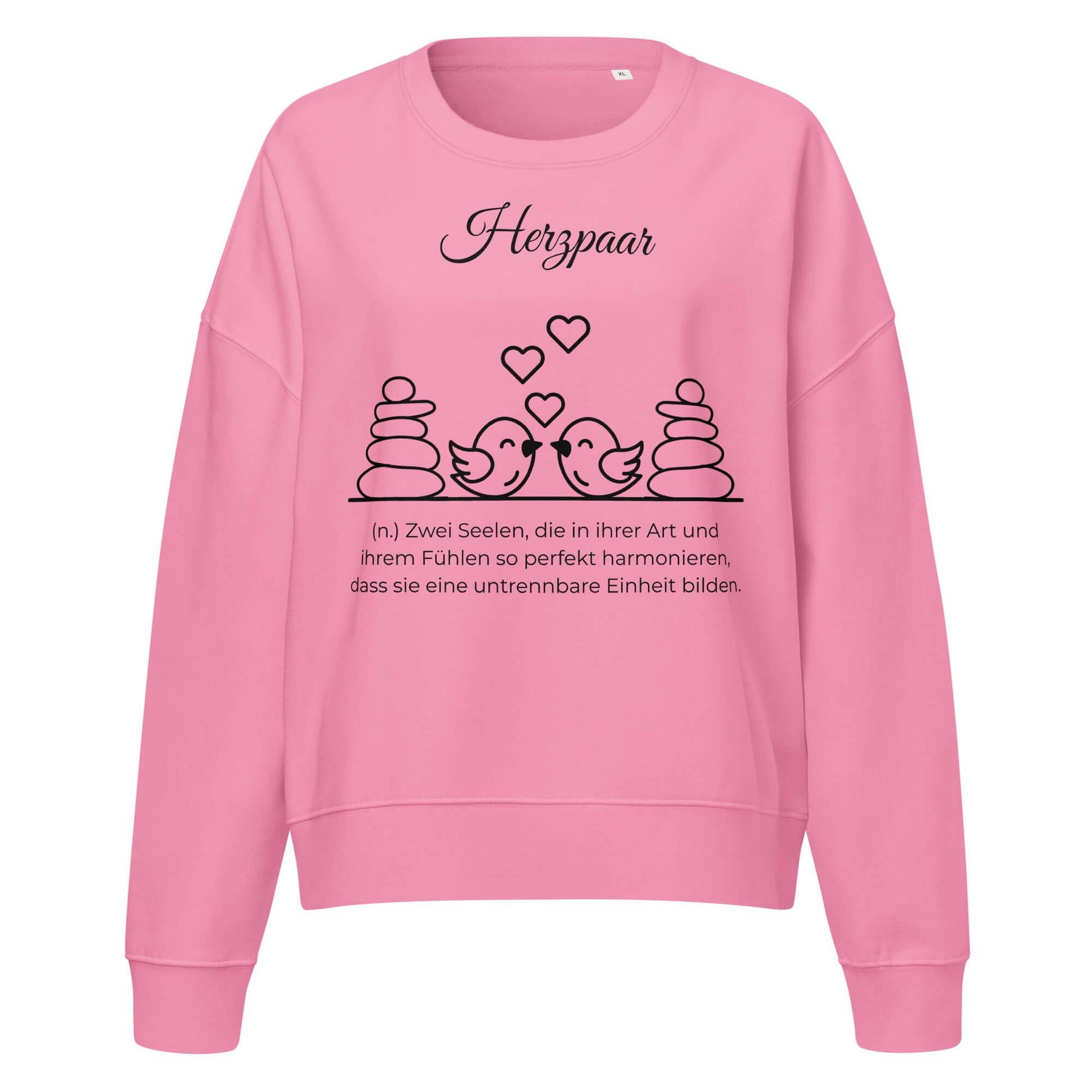 Herzpaar Damen Pullover in Bubble Pink – schwarzer Aufdruck, Bio-Baumwolle, femininer Schnitt – Wortstolz