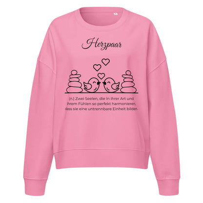 Herzpaar Damen Pullover in Bubble Pink – schwarzer Aufdruck, Bio-Baumwolle, femininer Schnitt – Wortstolz