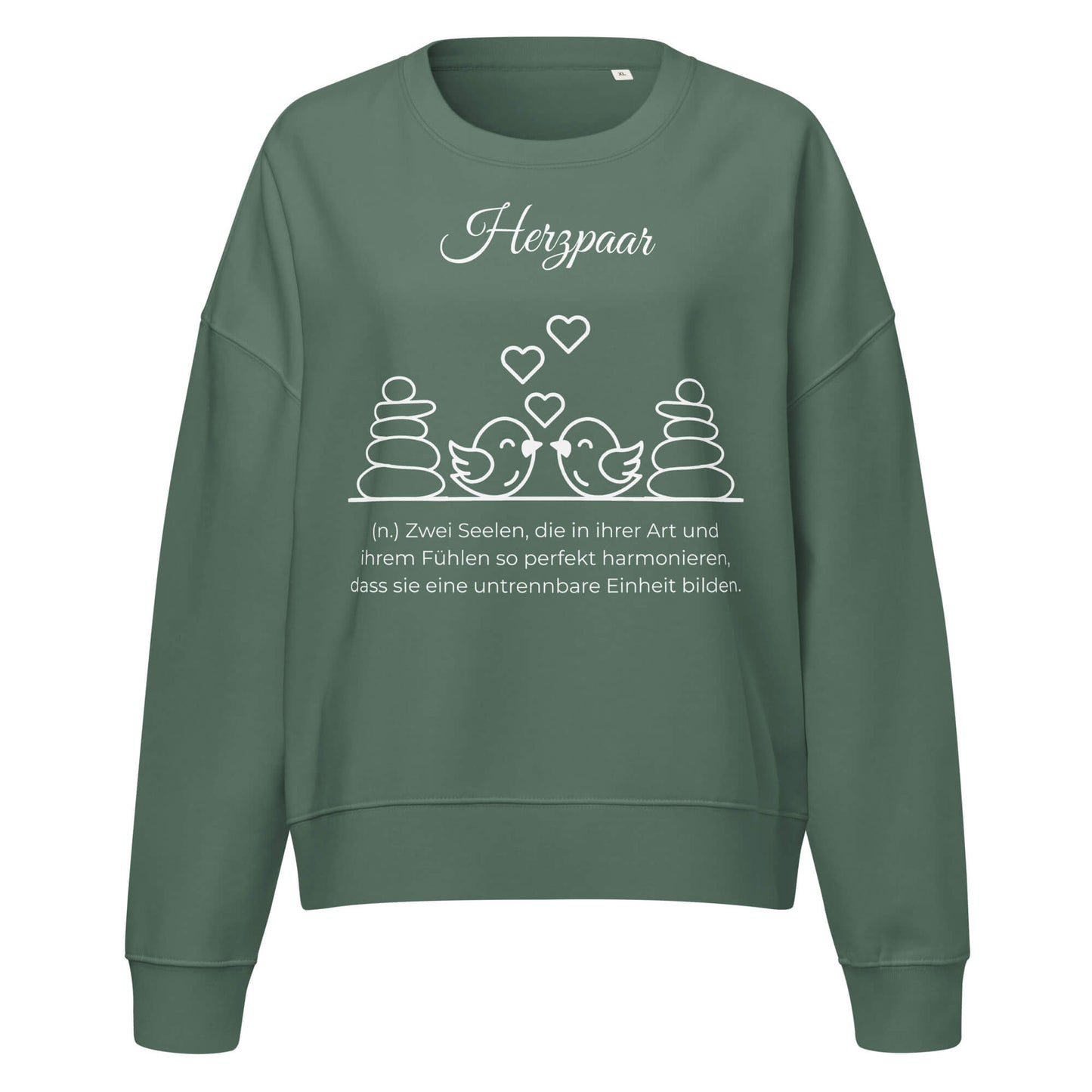 Herzpaar Damen Pullover in Green Bay – weißer Aufdruck, Bio-Baumwolle, femininer Schnitt – Wortstolz