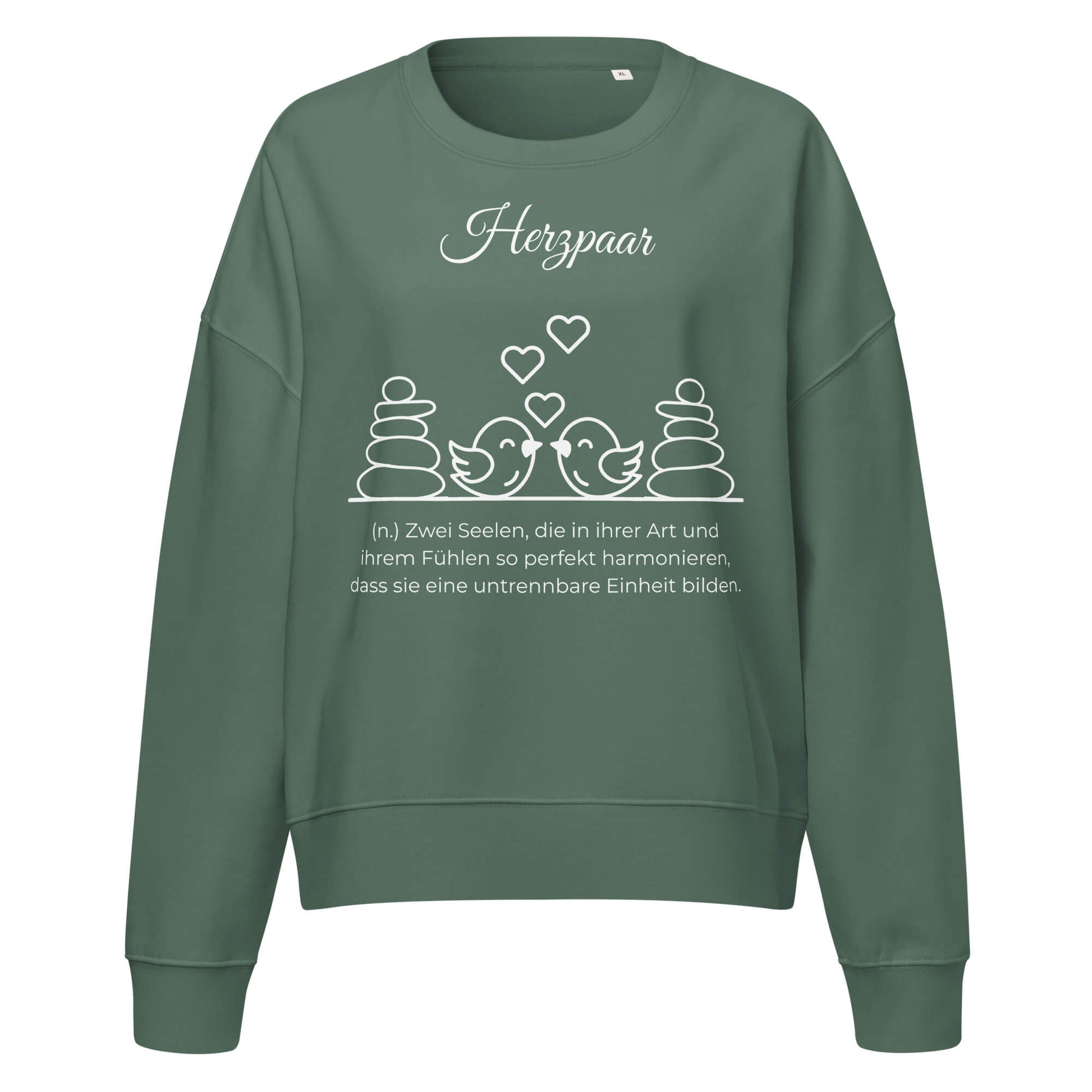 Herzpaar Damen Pullover in Green Bay – weißer Aufdruck, Bio-Baumwolle, femininer Schnitt – Wortstolz