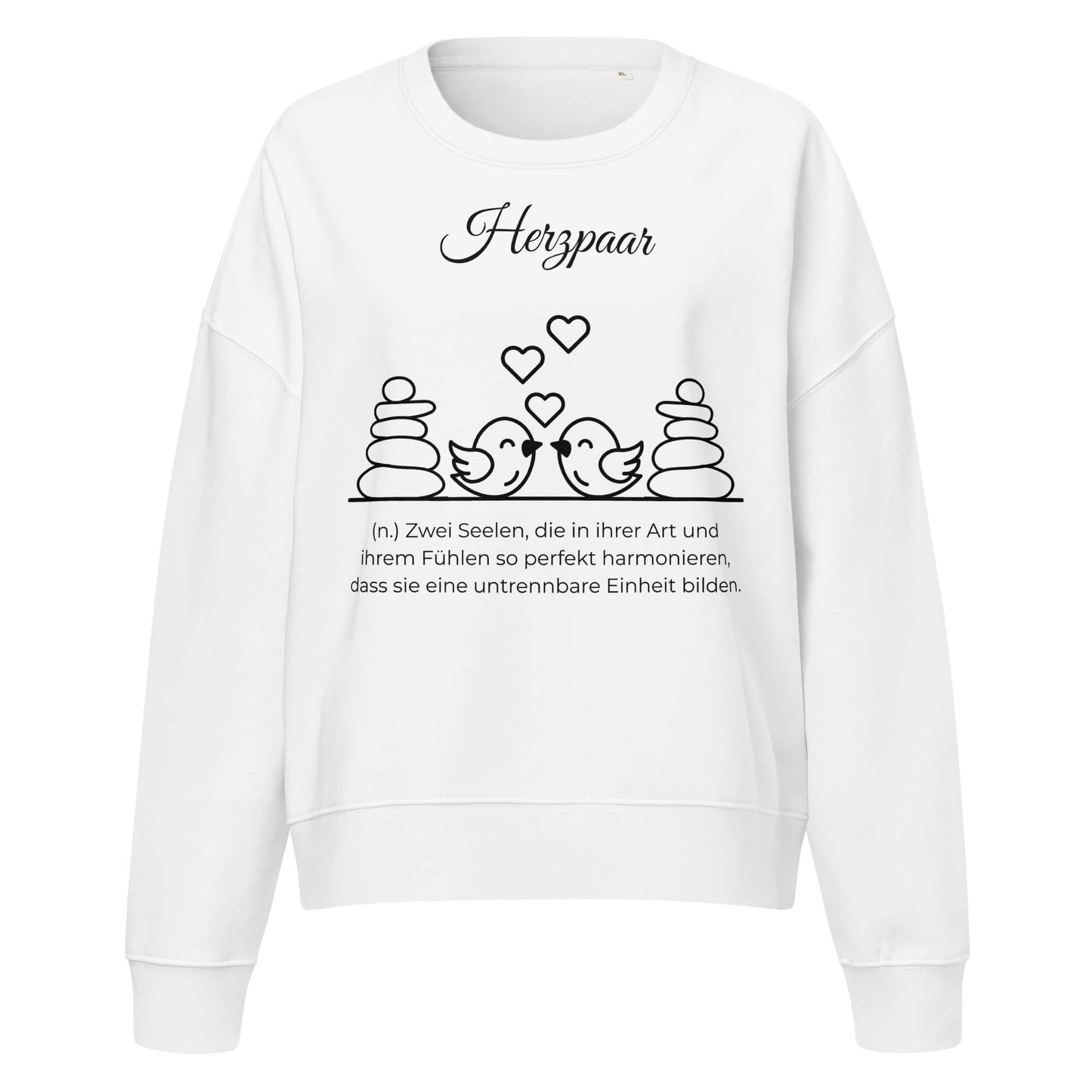 Herzpaar Damen Pullover in White – schwarzer Aufdruck, Bio-Baumwolle, femininer Schnitt – Wortstolz