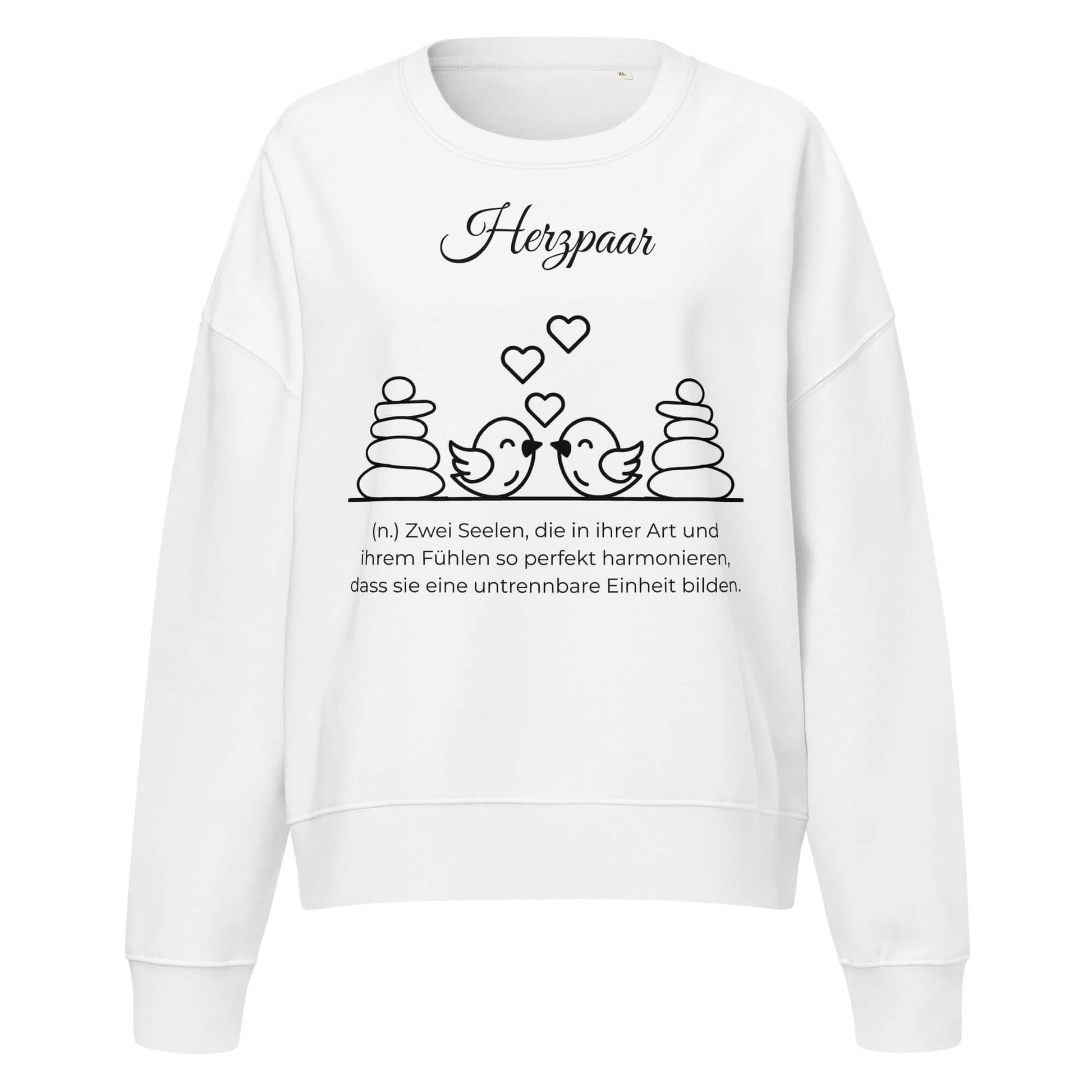 Herzpaar Damen Pullover in White – schwarzer Aufdruck, Bio-Baumwolle, femininer Schnitt – Wortstolz