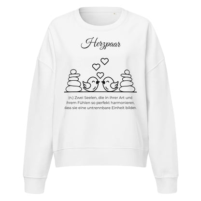 Herzpaar Damen Pullover in White – schwarzer Aufdruck, Bio-Baumwolle, femininer Schnitt – Wortstolz