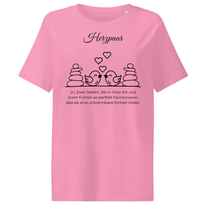 Herzpaar Damen T-Shirt in Bubble Pink – schwarzer Aufdruck, Bio-Baumwolle, femininer Schnitt – Wortstolz