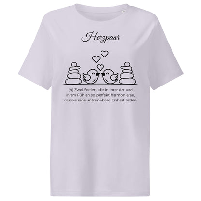 Herzpaar Damen T-Shirt in Lavender – schwarzer Aufdruck, Bio-Baumwolle, femininer Schnitt – Wortstolz