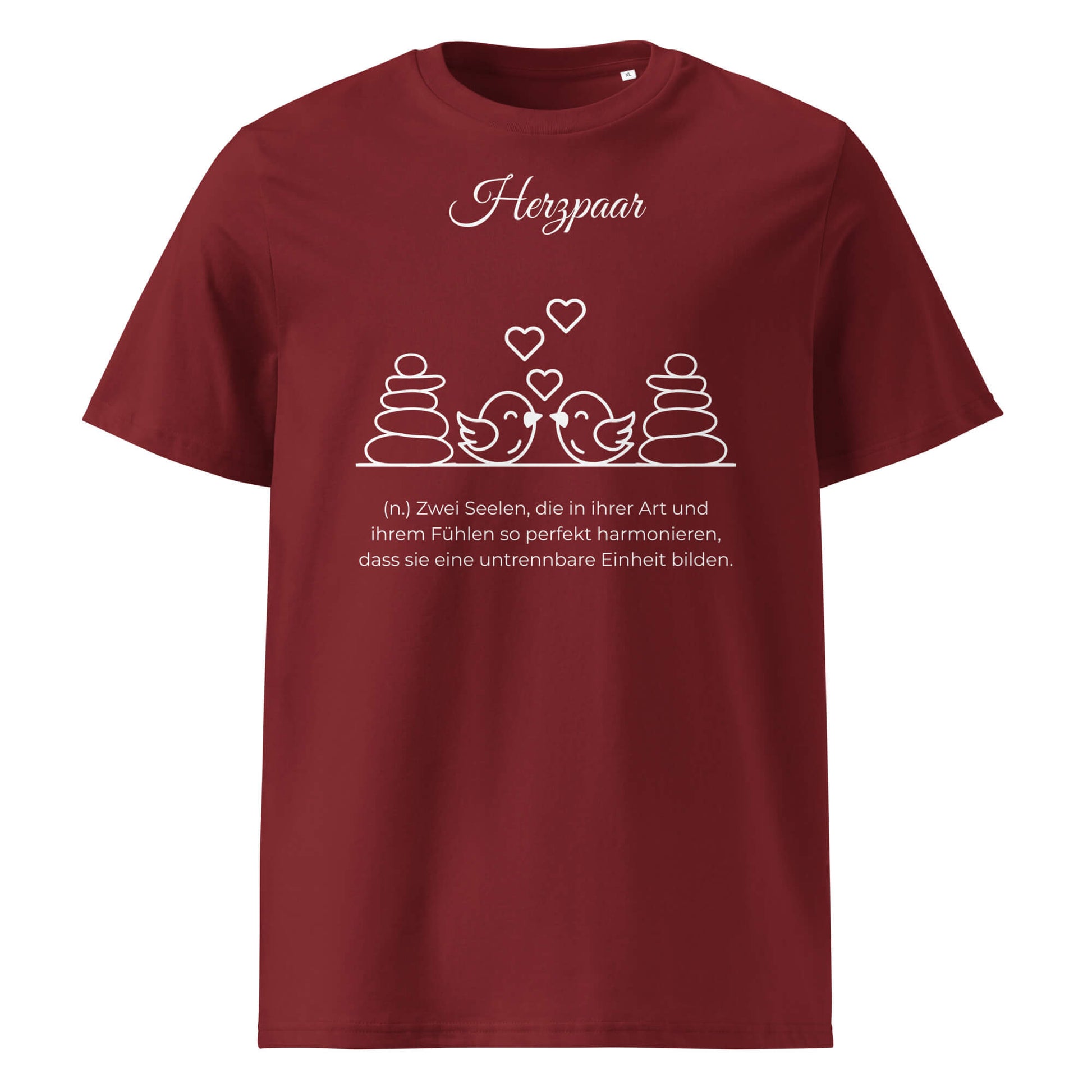 Herzpaar Herren T-Shirt in Burgundy – weißer Aufdruck, Bio-Baumwolle, maskuliner Schnitt – Wortstolz