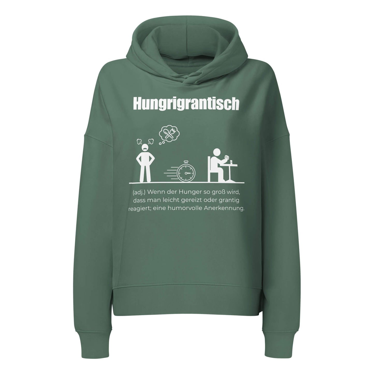 Hungrigrantisch Damen Hoodie in Green Bay – weißer Aufdruck, Bio-Baumwolle, femininer Schnitt – Wortstolz