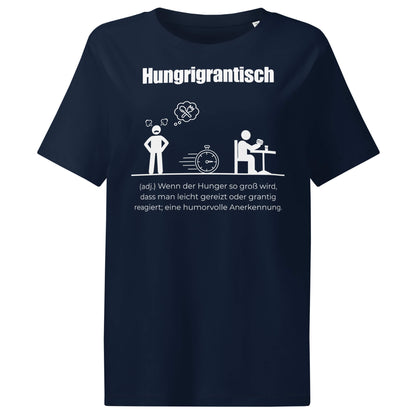 Hungrigrantisch Damen T-Shirt in French Navy – weißer Aufdruck, Bio-Baumwolle, femininer Schnitt – Wortstolz
