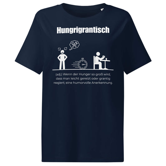 Hungrigrantisch Damen T-Shirt in French Navy – weißer Aufdruck, Bio-Baumwolle, femininer Schnitt – Wortstolz