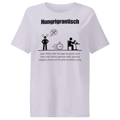Hungrigrantisch Damen T-Shirt in Lavender – schwarzer Aufdruck, Bio-Baumwolle, femininer Schnitt – Wortstolz