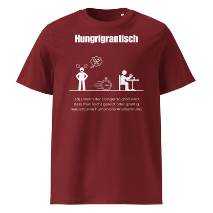 Hungrigrantisch Herren T-Shirt in Burgundy – weißer Aufdruck, Bio-Baumwolle, maskuliner Schnitt – Wortstolz
