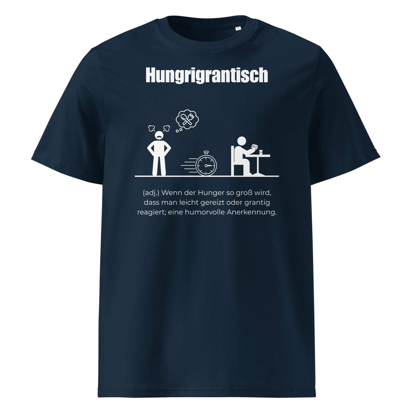 Hungrigrantisch Herren T-Shirt in French Navy – weißer Aufdruck, Bio-Baumwolle, maskuliner Schnitt – Wortstolz