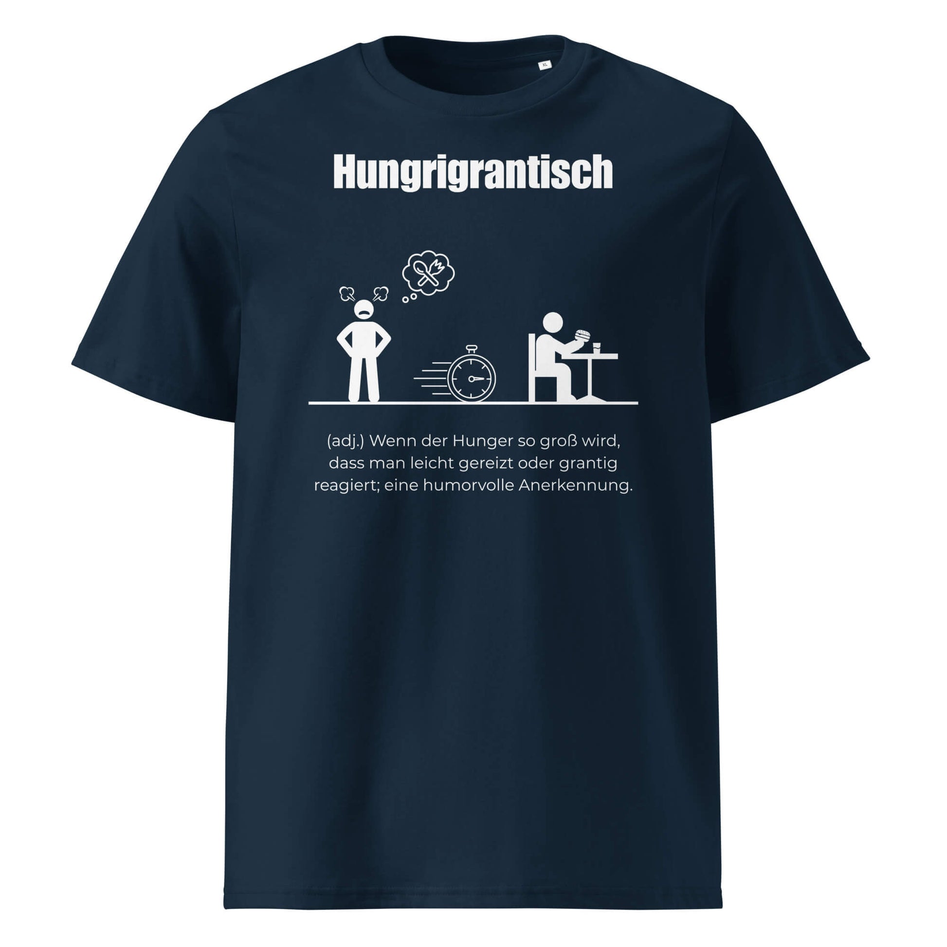 Hungrigrantisch Herren T-Shirt in French Navy – weißer Aufdruck, Bio-Baumwolle, maskuliner Schnitt – Wortstolz