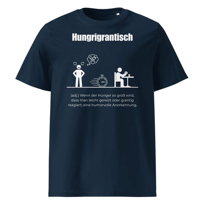 Hungrigrantisch Herren T-Shirt in French Navy – weißer Aufdruck, Bio-Baumwolle, maskuliner Schnitt – Wortstolz