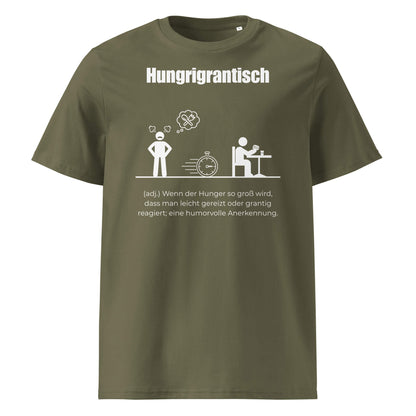 Hungrigrantisch Herren T-Shirt in Khaki – weißer Aufdruck, Bio-Baumwolle, maskuliner Schnitt – Wortstolz