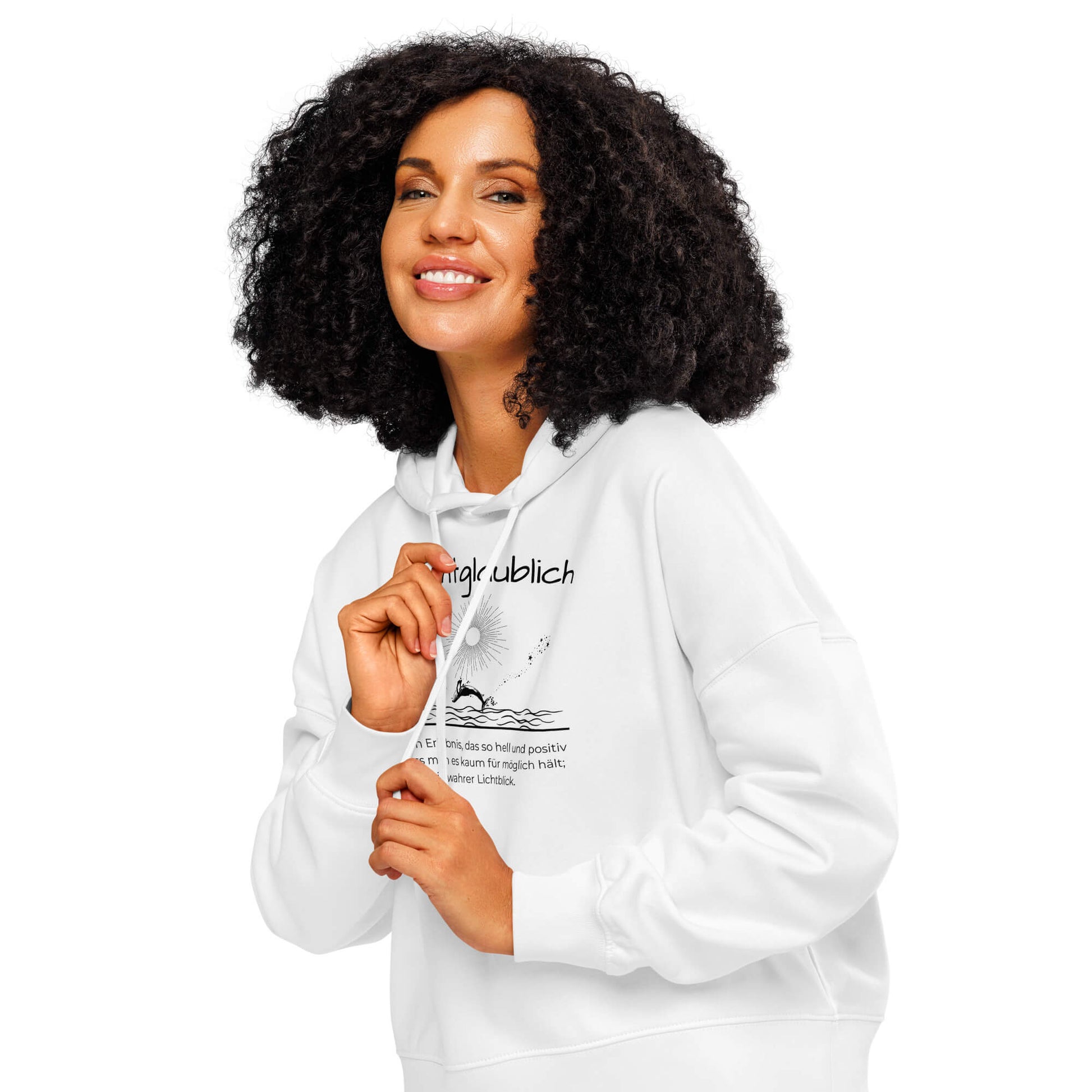 Lichtglaublich Damen Hoodie – White – Model trägt Größe S – Wortstolz