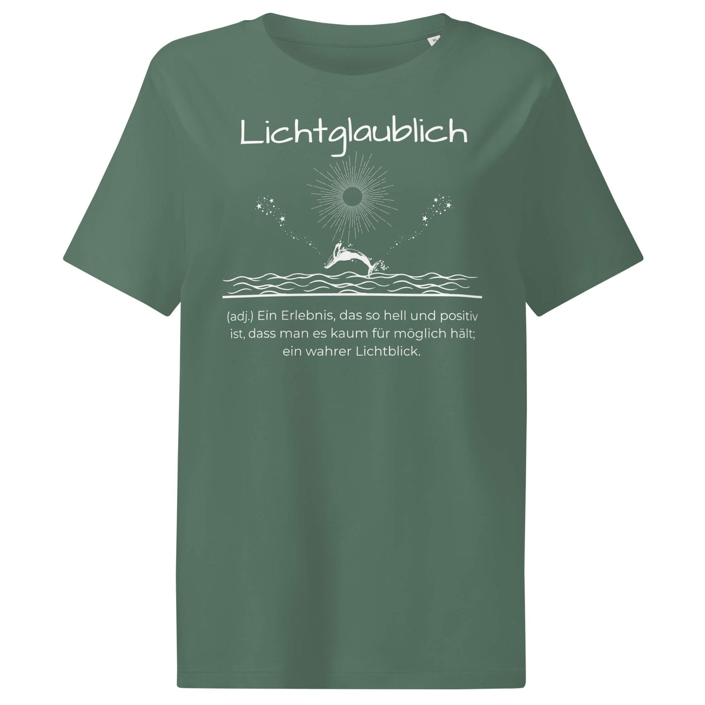 Lichtglaublich Damen T-Shirt in Green Bay – weißer Aufdruck, Bio-Baumwolle, femininer Schnitt – Wortstolz