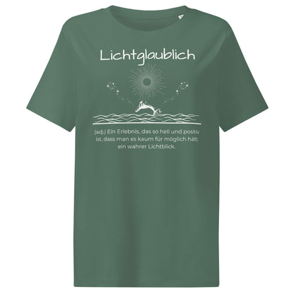 Lichtglaublich Damen T-Shirt in Green Bay – weißer Aufdruck, Bio-Baumwolle, femininer Schnitt – Wortstolz