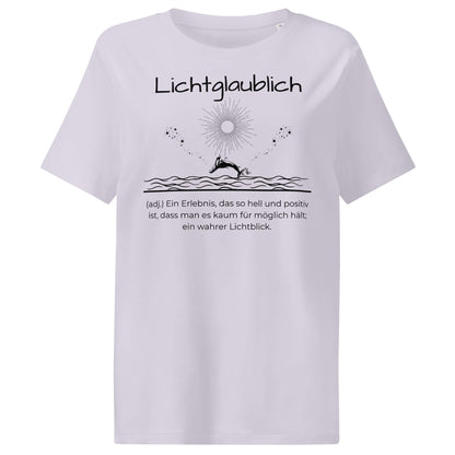 Lichtglaublich Damen T-Shirt in Lavender – schwarzer Aufdruck, Bio-Baumwolle, femininer Schnitt – Wortstolz