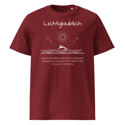 Lichtglaublich Herren T-Shirt in Burgundy – weißer Aufdruck, Bio-Baumwolle, maskuliner Schnitt – Wortstolz