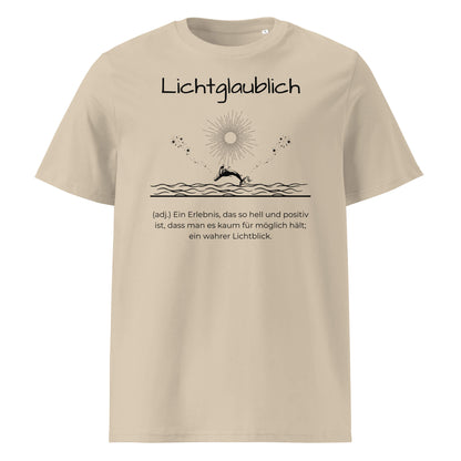 Lichtglaublich Herren T-Shirt in Desert Dust – schwarzer Aufdruck, Bio-Baumwolle, maskuliner Schnitt – Wortstolz