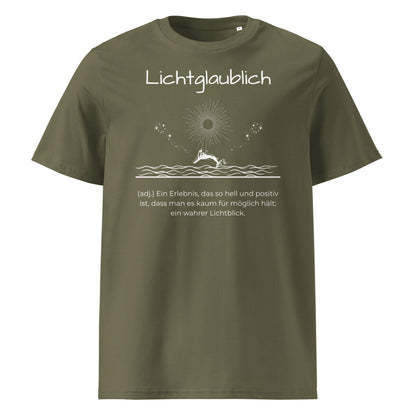 Lichtglaublich Herren T-Shirt in Khaki – weißer Aufdruck, Bio-Baumwolle, maskuliner Schnitt – Wortstolz
