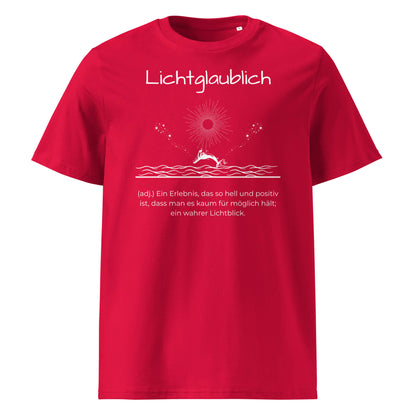 Lichtglaublich Herren T-Shirt in Red – weißer Aufdruck, Bio-Baumwolle, maskuliner Schnitt – Wortstolz