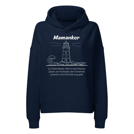 Mamanker Damen Hoodie in French Navy – weißer Aufdruck, Bio-Baumwolle, femininer Schnitt – Wortstolz