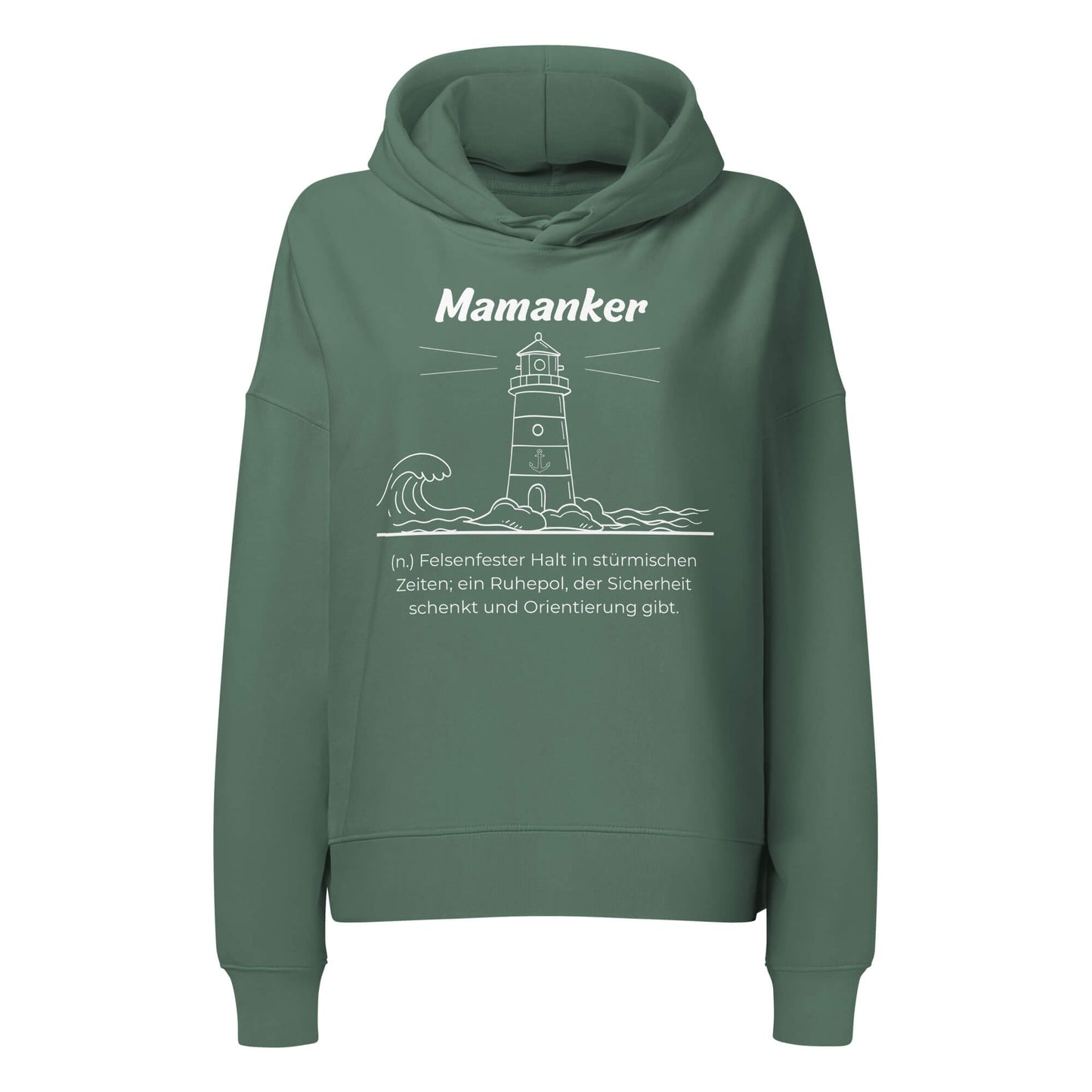 Mamanker Damen Hoodie in Green Bay – weißer Aufdruck, Bio-Baumwolle, femininer Schnitt – Wortstolz