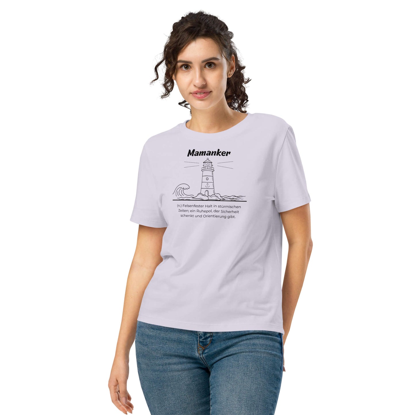 Mutterherz Damen T-Shirt – Lavender – Model trägt Größe S – Wortstolz