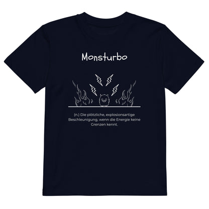 Monsturbo Kinder-T-Shirt in French Navy – weißer Aufdruck, Bio-Baumwolle, reguläter Schnitt – Wortstolz