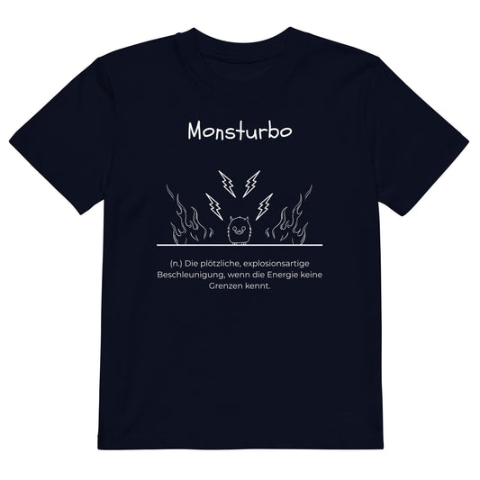 Monsturbo Kinder-T-Shirt in French Navy – weißer Aufdruck, Bio-Baumwolle, reguläter Schnitt – Wortstolz