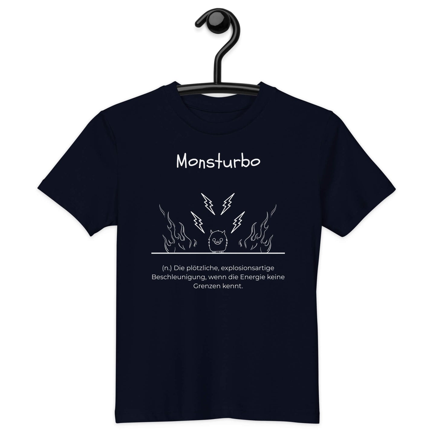 Monsturbo Kinder-T-Shirt in French Navy – weißer Aufdruck, Bio-Baumwolle, reguläter Schnitt – Hängend am Kleiderbügel - Wortstolz