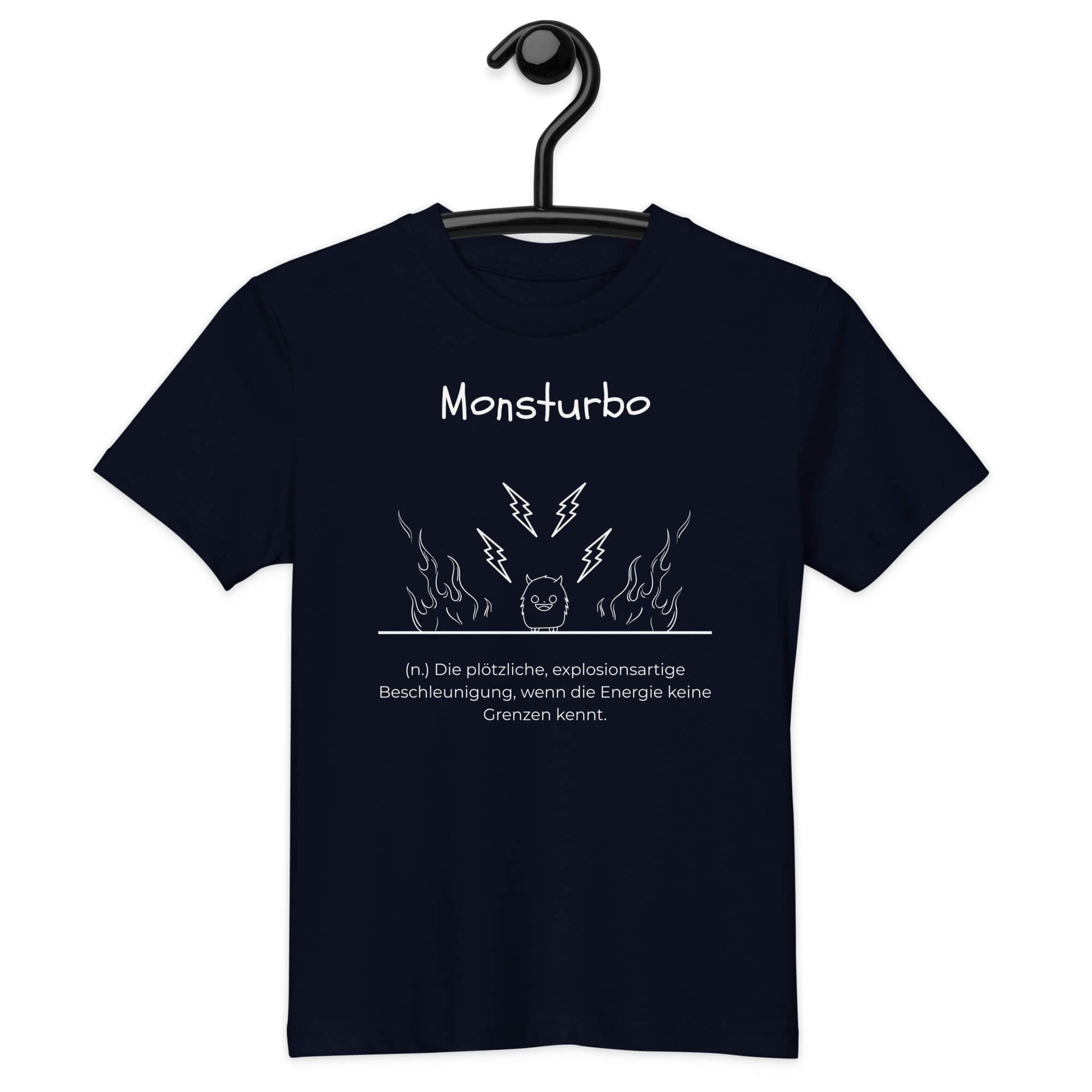 Monsturbo Kinder-T-Shirt in French Navy – weißer Aufdruck, Bio-Baumwolle, reguläter Schnitt – Hängend am Kleiderbügel - Wortstolz