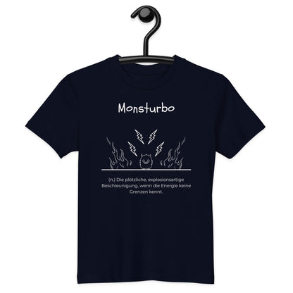 Monsturbo Kinder-T-Shirt in French Navy – weißer Aufdruck, Bio-Baumwolle, reguläter Schnitt – Hängend am Kleiderbügel - Wortstolz