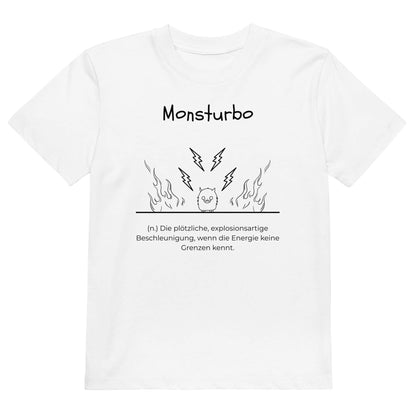 Monsturbo Kinder-T-Shirt in White – weißer Aufdruck, Bio-Baumwolle, reguläter Schnitt – Wortstolz