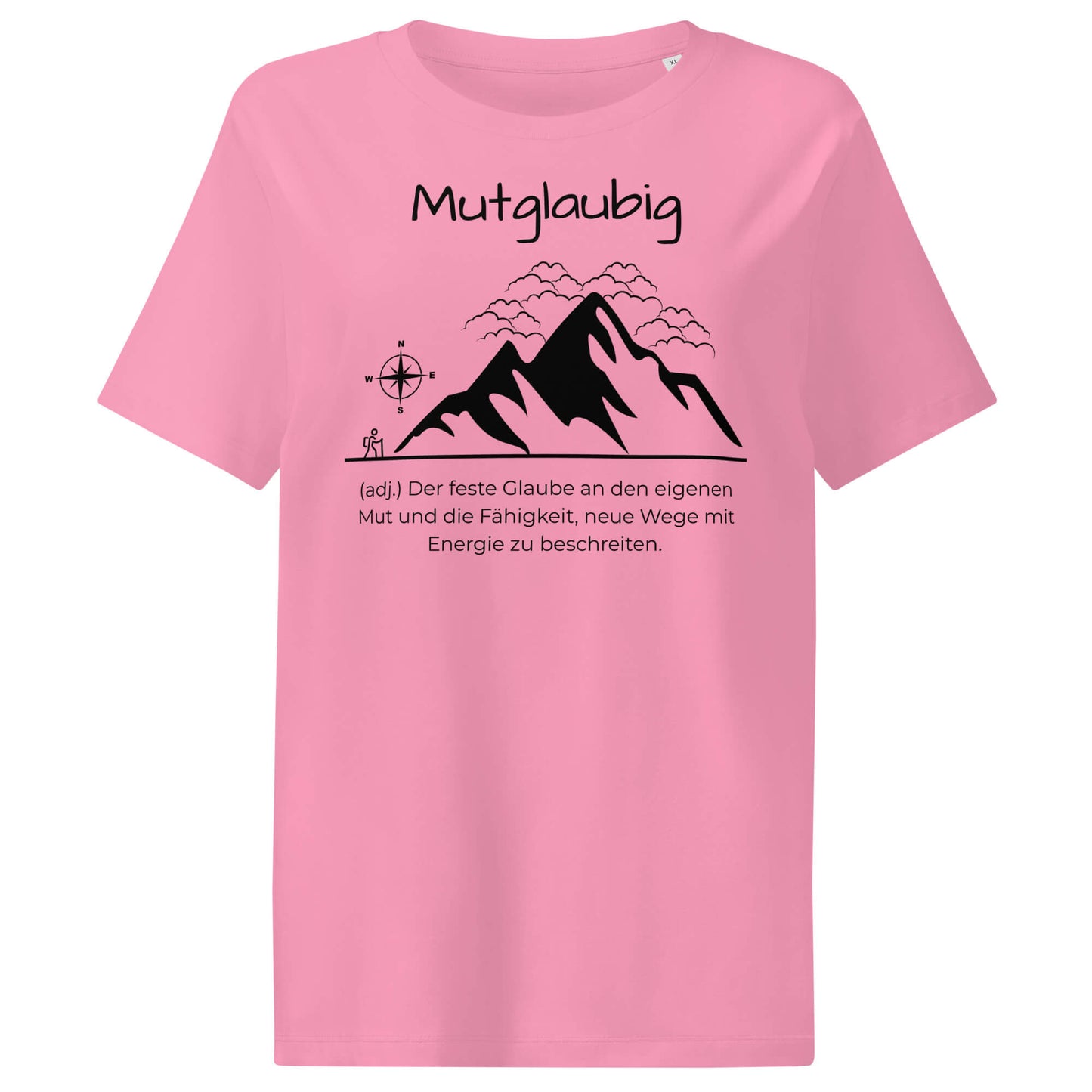Mutglaubig Damen T-Shirt in Bubble Pink – schwarzer Aufdruck, Bio-Baumwolle, femininer Schnitt – Wortstolz