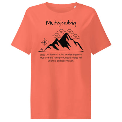 Mutglaubig Damen T-Shirt in Fiesta – schwarzer Aufdruck, Bio-Baumwolle, femininer Schnitt – Wortstolz