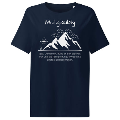 Mutglaubig Damen T-Shirt in French Navy – weißer Aufdruck, Bio-Baumwolle, femininer Schnitt – Wortstolz