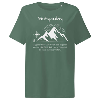 Mutglaubig Damen T-Shirt in Green Bay – weißer Aufdruck, Bio-Baumwolle, femininer Schnitt – Wortstolz