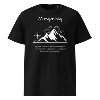 Mutglaubig Herren T-Shirt in Black – weißer Aufdruck, Bio-Baumwolle, maskuliner Schnitt – Wortstolz