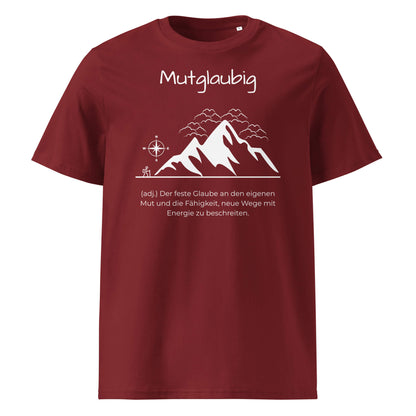 Mutglaubig Herren T-Shirt in Burgundy – weißer Aufdruck, Bio-Baumwolle, maskuliner Schnitt – Wortstolz