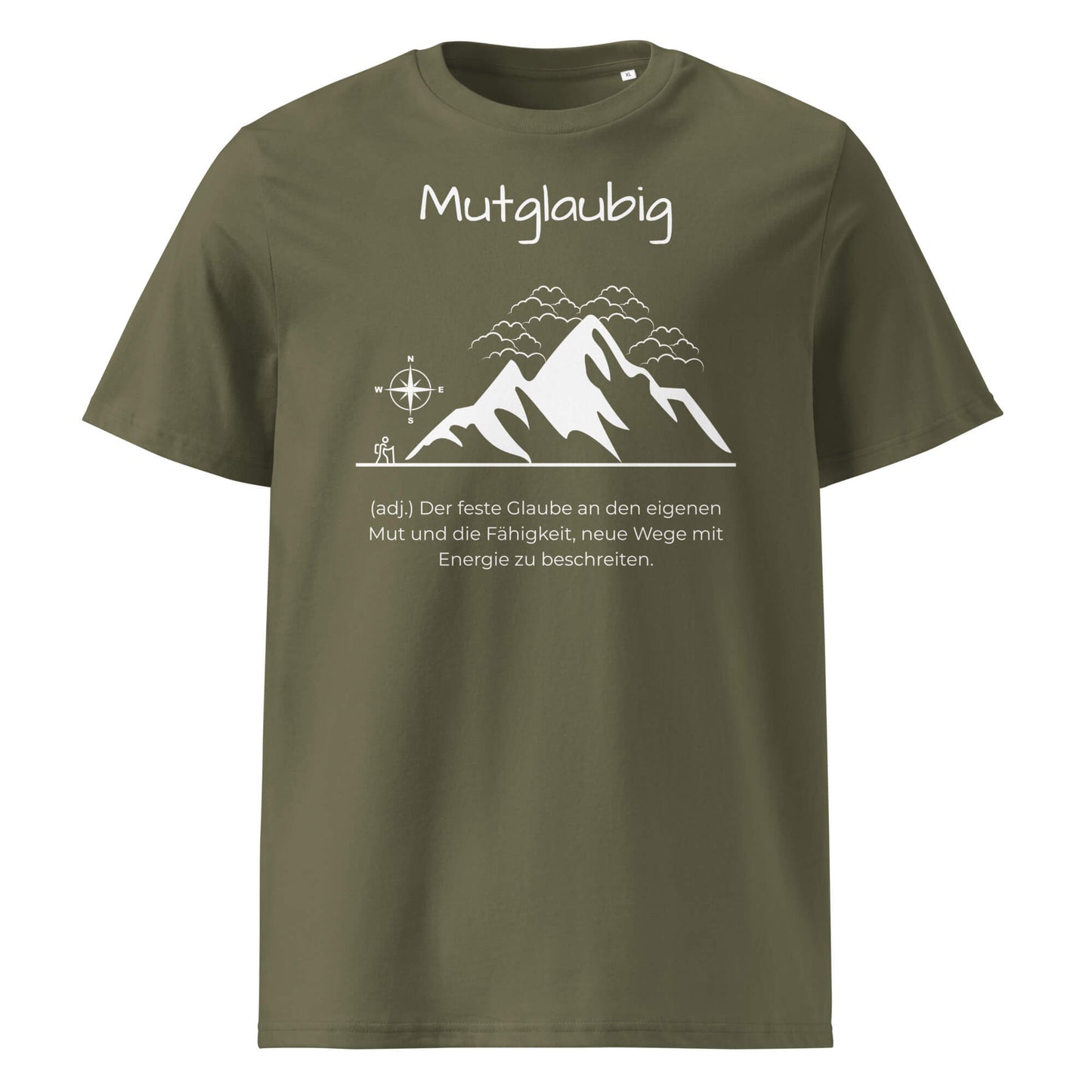 Mutglaubig Herren T-Shirt in Khaki – weißer Aufdruck, Bio-Baumwolle, maskuliner Schnitt – Wortstolz