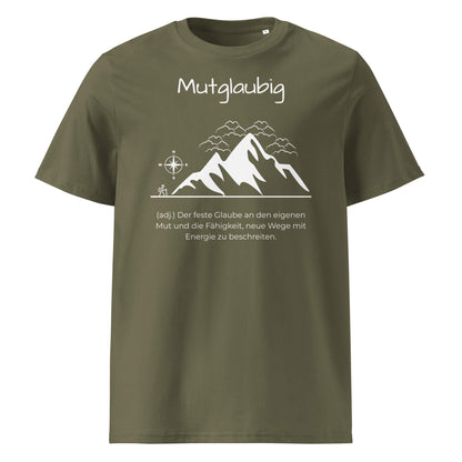 Mutglaubig Herren T-Shirt in Khaki – weißer Aufdruck, Bio-Baumwolle, maskuliner Schnitt – Wortstolz