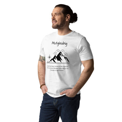Mutglaubig Herren T-Shirt in White – schwarzer Aufdruck, Bio-Baumwolle, Model trägt Größe M – Wortstolz