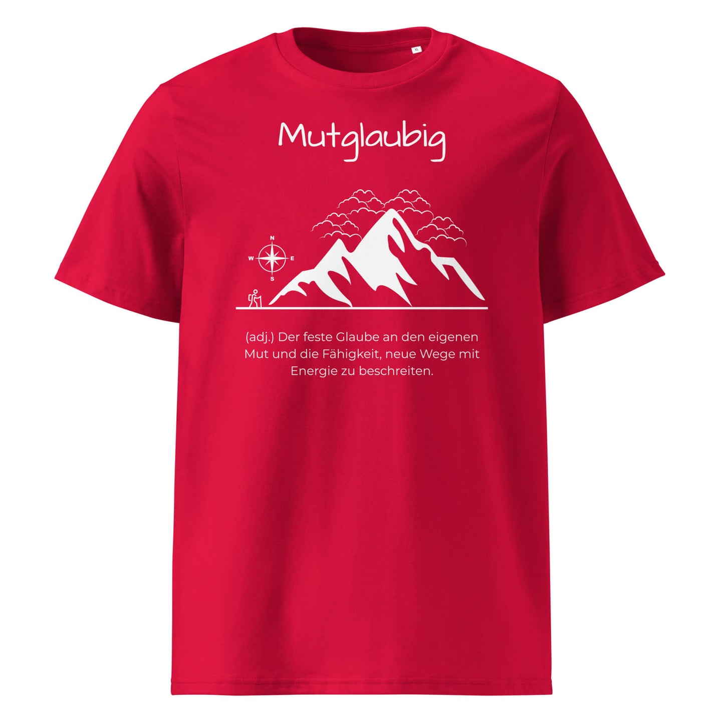 Mutglaubig Herren T-Shirt in Red – weißer Aufdruck, Bio-Baumwolle, maskuliner Schnitt – Wortstolz