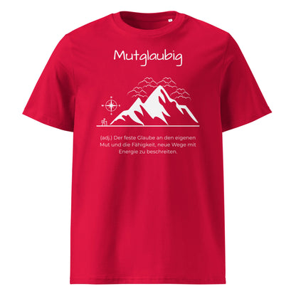 Mutglaubig Herren T-Shirt in Red – weißer Aufdruck, Bio-Baumwolle, maskuliner Schnitt – Wortstolz