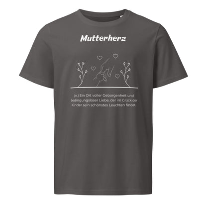 Geschenk T-Shirt - Mutterherz T-Shirt in Anthracite aus 155g/m² Bio-Baumwolle, Res5 Edition, Frontansicht mit weißem Print