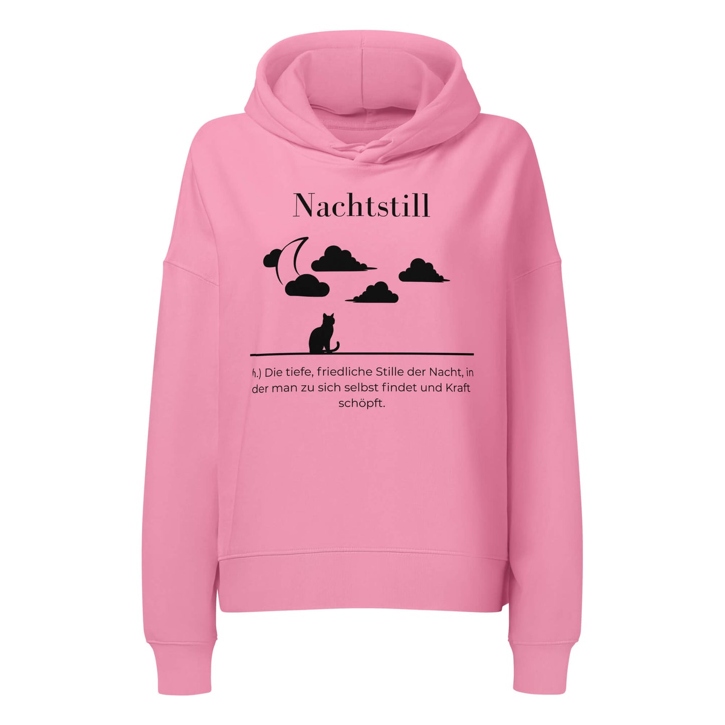 Nachtstill Damen Hoodie in Bubble Pink – schwarzer Aufdruck, Bio-Baumwolle, femininer Schnitt – Wortstolz