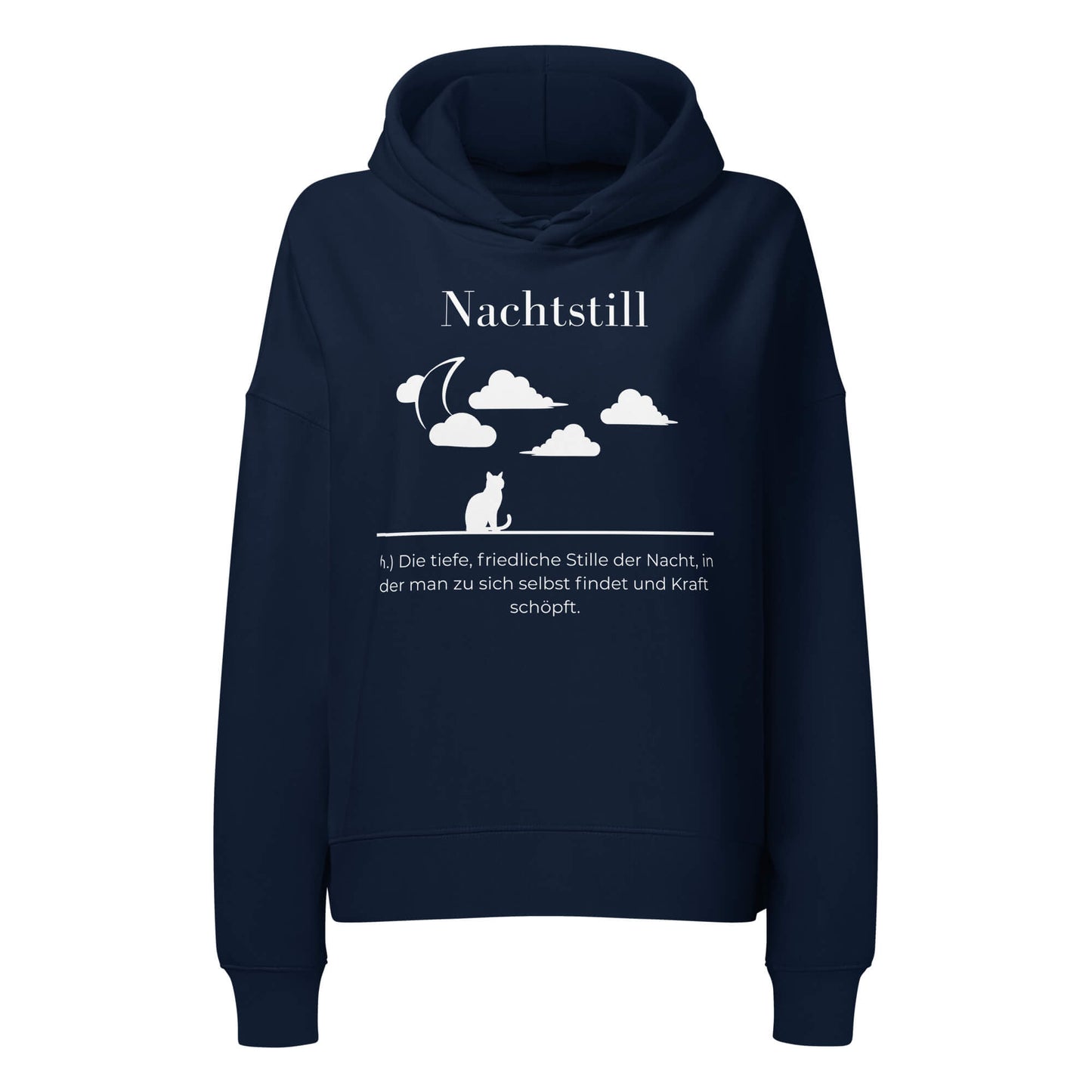 Nachtstill Damen Hoodie in French Navy – weißer Aufdruck, Bio-Baumwolle, femininer Schnitt – Wortstolz